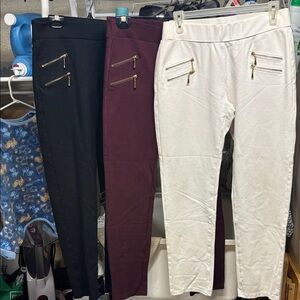 Skinny Ponte Pants with Decorative Zippers - Black, Burgundy, White